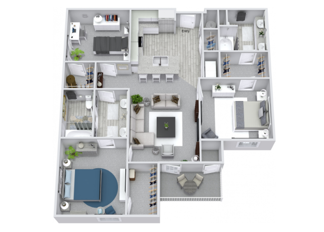 Floor plan for 3 beds, 2 baths, 1304 sqft
